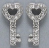 Small Silver Rhodium Plated Sparkling Clear Crystal Open Heart Shaped 1/2 Key Stud Earrings