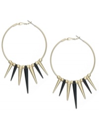 Get right to the point with this pair of hoop earrings from Bar III. Crafted from gold-tone mixed metal, the earrings feature black and gold-tone spikes to have you looking quite sharp. Approximate drop: 3 inches. Approximate diameter: 2 inches. Get right to the point with this pair of hoop earrings from Bar III. Crafted from gold-tone mixed metal, the earrings feature black and gold-tone spikes to have you looking quite sharp. Approximate drop: 3 inches. Approximate diameter: 2 inches.