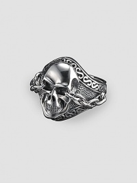 Uniquely engraved sterling silver with a detailed skull motif. About 1 X 1 Made in USA Uniquely engraved sterling silver with a detailed skull motif. About 1 X 1 Made in USA