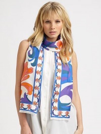 This long, silk style features a swirled floral print accented with baby fringe. SilkAbout 14 X 71Dry cleanMade in Italy This long, silk style features a swirled floral print accented with baby fringe. SilkAbout 14 X 71Dry cleanMade in Italy