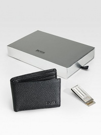 Give a gift full of style and sophistication with this set consisting of a pebbled leather wallet and money clip with logo detail, presented in an elegant gift box. LeatherOne billfold compartmentID, three credit card slotsWallet: 4¼W x 3¼HMetalMoney Clip: ¾W x 2½HImported Give a gift full of style and sophistication with this set consisting of a pebbled leather wallet and money clip with logo detail, presented in an elegant gift box. LeatherOne billfold compartmentID, three credit card slotsWallet: 4¼W x 3¼HMetalMoney Clip: ¾W x 2½HImported