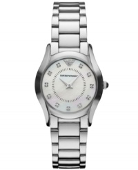 Steal a little style from the men: This classically designed watch from Emporio Armani has been upgraded with sparkling diamond accents. Steal a little style from the men: This classically designed watch from Emporio Armani has been upgraded with sparkling diamond accents.