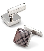Square, borderless cufflinks with beat check pattern. Logo stamped on back of clasp closure.