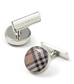 Round beat check cufflinks with brass clasp closure. Signature stamped at back.