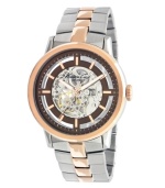 Peek behind the curtain with this exposed creation from Kenneth Cole New York. Timepiece crafted of rose-gold tone stainless steel bracelet and round ion-plated case with rose-gold tone bezel. Brown and rose-gold tone skeleton dial with transparent window that reveals automatic movement. Rose-gold tone stick indices at markers, logo and hands. Automatic movement. Water resistant to 30 meters. Limited lifetime warranty. Peek behind the curtain with this exposed creation from Kenneth Cole New York. Timepiece crafted of rose-gold tone stainless steel bracelet and round ion-plated case with rose-gold tone bezel. Brown and rose-gold tone skeleton dial with transparent window that reveals automatic movement. Rose-gold tone stick indices at markers, logo and hands. Automatic movement. Water resistant to 30 meters. Limited lifetime warranty.
