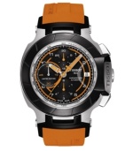 Inspired by the world of moto-racing, the T-Race Moto GP watch by Tissot blends winning details with speedy precision. Crafted of orange rubber bracelet and round stainless steel case with black bezel. Black chronograph dial features tachymeter scale, minute track, date window at three o'clock, orange three hands, three subdials and logo. Swiss automatic movement. Water resistant to 100 meters. Two-year limited warranty. Inspired by the world of moto-racing, the T-Race Moto GP watch by Tissot blends winning details with speedy precision. Crafted of orange rubber bracelet and round stainless steel case with black bezel. Black chronograph dial features tachymeter scale, minute track, date window at three o'clock, orange three hands, three subdials and logo. Swiss automatic movement. Water resistant to 100 meters. Two-year limited warranty.