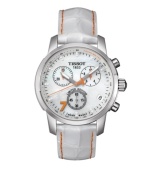 Sport performance meets feminine style with this limited edition Danica Patrick collection watch by Tissot. PRC 200 timepiece crafted of white leather strap and round stainless steel case. Mother-of-pearl chronograph dial features 20 diamond accent dot markers, tachymeter scale at outer rim, orange numeral at seven o'clock, minute track, date window at four o'clock, luminous hour and minute hands, orange second hand, three subdials and logo at twelve o'clock. Swiss quartz movement. Water resistant to 200 meters. Two-year limited warranty. Sport performance meets feminine style with this limited edition Danica Patrick collection watch by Tissot. PRC 200 timepiece crafted of white leather strap and round stainless steel case. Mother-of-pearl chronograph dial features 20 diamond accent dot markers, tachymeter scale at outer rim, orange numeral at seven o'clock, minute track, date window at four o'clock, luminous hour and minute hands, orange second hand, three subdials and logo at twelve o'clock. Swiss quartz movement. Water resistant to 200 meters. Two-year limited warranty.
