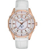Spice up your look with a touch of the luxurious life. Marine Star watch by Bulova crafted of white croc-embossed leather strap and round rose-gold tone stainless steel case with 16 diamond accents. White mother-of-pearl dial features applied rose-gold tone numerals and stick indices, three hands and logo. Quartz movement. Water resistant to 50 meters. Three-year limited warranty. Spice up your look with a touch of the luxurious life. Marine Star watch by Bulova crafted of white croc-embossed leather strap and round rose-gold tone stainless steel case with 16 diamond accents. White mother-of-pearl dial features applied rose-gold tone numerals and stick indices, three hands and logo. Quartz movement. Water resistant to 50 meters. Three-year limited warranty.