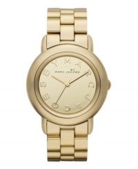 Suit up for glam squad duty with this mirrored Marci watch by Marc by Marc Jacobs. Gold ion-plated stainless steel bracelet and round case. Gold tone mirrored dial features logo letter markers and three hands. Quartz movement. Water resistant to 50 meters. Two-year limited warranty.