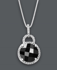 Perfectly poised and plenty polished. This stunning pendant highlights a round-cut onyx (10 mm) surrounded by a halo of sparkling diamonds (1/4 ct. t.w.). Crafted in sterling silver. Approximate length: 18 inches. Approximate drop: 3/4 inch. Perfectly poised and plenty polished. This stunning pendant highlights a round-cut onyx (10 mm) surrounded by a halo of sparkling diamonds (1/4 ct. t.w.). Crafted in sterling silver. Approximate length: 18 inches. Approximate drop: 3/4 inch.