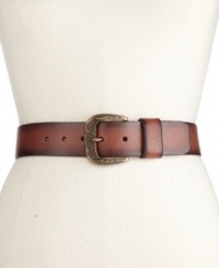 Pair this vintage-inspired Fossil leather belt with your flare jeans for retro appeal. The antiqued buckle is topped with rhinestone embellishments for a touch of shine. Pair this vintage-inspired Fossil leather belt with your flare jeans for retro appeal. The antiqued buckle is topped with rhinestone embellishments for a touch of shine.