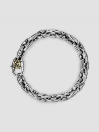 Link-style design in gleaming sterling silver with a signature 18k gold accent clasp. About 8½ long Lobster clasp Made in USA Link-style design in gleaming sterling silver with a signature 18k gold accent clasp. About 8½ long Lobster clasp Made in USA