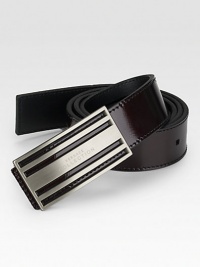 Patent leather with linear cut-out and metal logo buckle.About 1½ wideMade in Italy Patent leather with linear cut-out and metal logo buckle.About 1½ wideMade in Italy