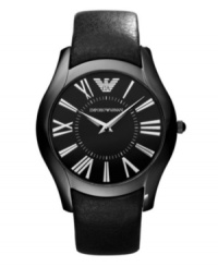 Slim and sophisticated. Everyday dress watch by Emporio Armani crafted of black leather strap and round black-plated stainless steel case. Black dial features applied silver tone Roman numerals, two hands and logo. Quartz movement. Water resistant to 30 meters. Two-year limited warranty. Slim and sophisticated. Everyday dress watch by Emporio Armani crafted of black leather strap and round black-plated stainless steel case. Black dial features applied silver tone Roman numerals, two hands and logo. Quartz movement. Water resistant to 30 meters. Two-year limited warranty.