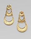 A lustrous piece with graduated textured crescents. 14k goldplated white metal alloy Drop, about 3 Clip back Made in USA 