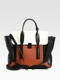 Expandable zipper gussets frame this structured carryall of smooth and textured leather in contrasting tones. Adjustable detachable shoulder strap, 23-26½ dropDouble top handles, 5 dropPush-lock on front flapOne inside zip pocketFully lined14½W X 11½H X 4½DImported Expandable zipper gussets frame this structured carryall of smooth and textured leather in contrasting tones. Adjustable detachable shoulder strap, 23-26½ dropDouble top handles, 5 dropPush-lock on front flapOne inside zip pocketFully lined14½W X 11½H X 4½DImported
