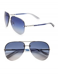 Double-bridge design and tubular stems with logo detail define this classic aviator style. Available in silver frames with blue gradient lenses.MetalLogo temple detail100% UV ProtectionMade in Italy Double-bridge design and tubular stems with logo detail define this classic aviator style. Available in silver frames with blue gradient lenses.MetalLogo temple detail100% UV ProtectionMade in Italy