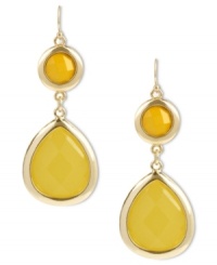 Drop everything for these chic earrings from Haskell. Featuring chartreuse acrylic beads in teardrop and round shapes, framed in a gold tone mixed metal setting. Approximate drop: 2-3/8 inches.