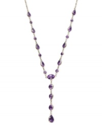 Say yes to royalty-inspired style. This rich, y-shaped necklace highlights round, oval, and pear-cut amethyst gemstones (6-1/4 ct. t.w.) in a rich 14k gold setting. Approximate length: 17 inches. Approximate drop: 1-1/2 inches. Say yes to royalty-inspired style. This rich, y-shaped necklace highlights round, oval, and pear-cut amethyst gemstones (6-1/4 ct. t.w.) in a rich 14k gold setting. Approximate length: 17 inches. Approximate drop: 1-1/2 inches.