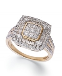 Square off. Style and sparkle combine on this totally-chic YellOra™ ring. Round and baguette-cut diamonds form a stunning square pattern (1 ct. t.w.). Precious metal made from a combination of pure gold, sterling silver and palladium. Square off. Style and sparkle combine on this totally-chic YellOra™ ring. Round and baguette-cut diamonds form a stunning square pattern (1 ct. t.w.). Precious metal made from a combination of pure gold, sterling silver and palladium.