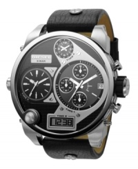 Master time with this multifunctional watch by Diesel. Black leather strap and round brushed stainless steel case, 65x57mm. Custom crystal with screw at 8 o'clock. Textured black sunray analog-digital dial with logo, digital window, six subdials and silver tone stick indices. Quartz movement. Water resistant to 30 meters. Two-year limited warranty. Master time with this multifunctional watch by Diesel. Black leather strap and round brushed stainless steel case, 65x57mm. Custom crystal with screw at 8 o'clock. Textured black sunray analog-digital dial with logo, digital window, six subdials and silver tone stick indices. Quartz movement. Water resistant to 30 meters. Two-year limited warranty.