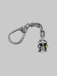 Skull-motif charm with a solid 18k gold cross accent on an engraved sterling silver clasp. About 4 long Made in USA Skull-motif charm with a solid 18k gold cross accent on an engraved sterling silver clasp. About 4 long Made in USA