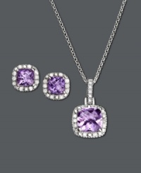 Lavender bliss. This sparkling pendant and earring set by Victoria Townsend features square-cut amethyst (2-1/3 ct. t.w.) with surrounding diamond accents. Set crafted in sterling silver. Approximate length: 18 inches. Approximate drop: 5/8 inch. Approximate earring drop: 1/4 inch.