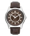 Crafted in rich chocolate hues and leather, Bulova defines handsome with this timepiece. A Precisionist watch, it features a continuously sweeping second hand that keeps time accurate to ten seconds a year. Round stainless steel case and brown leather strap. Brown patterned dial with applied index features luminous silvertone hands, silvertone numerals at markers, date window at three-clock and logo. Quartz movement. Water resistant to 30 meters. Three-year limited warranty.