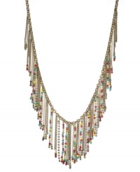 The fringe effect. Trendy and vivacious, INC International Concepts' long necklace features rhinestone cup chains and multicolored plastic beads in a 12k gold-plated mixed metal setting. Approximate length: 32 inches. Approximate drop: 3-1/2 inches.
