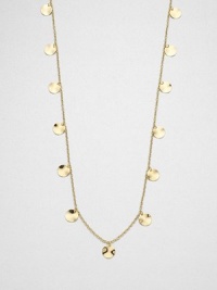 Festive 18k gold discs shimmy on a long chain. 33 long Lobster clasp Made in USA Festive 18k gold discs shimmy on a long chain. 33 long Lobster clasp Made in USA
