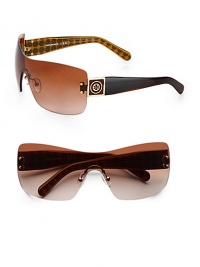 A sleek style with wood-print accented metal and acetate, logo temples. Available in black with grey gradient lens or brown with brown gradient lens. Wood-print accented metal and acetate, logo temples100% UV protectionImported