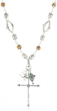 Lucky Brand Beaded Silver-Color Smokey Topaz Cross Charm Necklace, 18