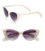 An extremely retro, handmade cat's-eye design in lightweight plastic for a 50's-inspired appeal. Available in shiny white mother-of-pearl with grey gradient lens or shiny tortoise with brown gradient lens.Plastic templesUV400 protectionImported