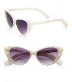 An extremely retro, handmade cat's-eye design in lightweight plastic for a 50's-inspired appeal. Available in shiny white mother-of-pearl with grey gradient lens or shiny tortoise with brown gradient lens.Plastic templesUV400 protectionImported