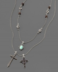 The ultimate in fashion jewelry with ecclesiastical style: this Lucky Brand Jeans necklace features two stylized crosses, wooden and enamel bead and a bright green stone charm. Necklace can be worn doubled. Approximate length: 19 inches with 2-inch extender. Approximate drop: Approximate drop: 1-3/4 inches. The ultimate in fashion jewelry with ecclesiastical style: this Lucky Brand Jeans necklace features two stylized crosses, wooden and enamel bead and a bright green stone charm. Necklace can be worn doubled. Approximate length: 19 inches with 2-inch extender. Approximate drop: Approximate drop: 1-3/4 inches.