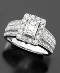 Stunning sophistication. Engagement ring features a gorgeous certified color (I), clarity (SI 1- SI2) emerald-cut center diamond and pretty diamond accents (1-3/4 ct. t.w.). Set in elegant 14k white gold. Stunning sophistication. Engagement ring features a gorgeous certified color (I), clarity (SI 1- SI2) emerald-cut center diamond and pretty diamond accents (1-3/4 ct. t.w.). Set in elegant 14k white gold.