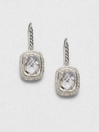 From the Noblesse Collection. Beautifully faceted rectangular white topaz surrounded in dazzling diamond set in sterling silver. White topazDiamonds, .42 tcwSterling silverLength, about .5Hook backImported From the Noblesse Collection. Beautifully faceted rectangular white topaz surrounded in dazzling diamond set in sterling silver. White topazDiamonds, .42 tcwSterling silverLength, about .5Hook backImported