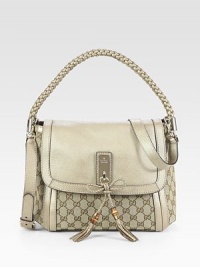 Metallic leather pairs with GG jacquard in this flap-front design finished with a braided top handle and bamboo tassel accent.Top handle, 5½ dropRemovable adjustable shoulder strap, 20-22 dropMagnetic flap closureOne inside zip pocketTwo inside open pocketsLinen lining9¾W X 9½H X 5DMade in Italy Metallic leather pairs with GG jacquard in this flap-front design finished with a braided top handle and bamboo tassel accent.Top handle, 5½ dropRemovable adjustable shoulder strap, 20-22 dropMagnetic flap closureOne inside zip pocketTwo inside open pocketsLinen lining9¾W X 9½H X 5DMade in Italy
