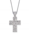 Celebrate your faith with this shining crystal pave cross pendant from Swarovski, in rhodium-plated mixed metal. Approximate length: 15-1/2 inches. Approximate drop: 1 inch.