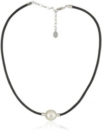 Majorica 14mm White Round Pearl on Black Leather Cord Necklace