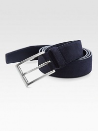 A wardrobe essential, handsomely crafted in smooth suede with a logo engraved metal buckle.SuedeAbout 1¼ wideMade in Italy A wardrobe essential, handsomely crafted in smooth suede with a logo engraved metal buckle.SuedeAbout 1¼ wideMade in Italy