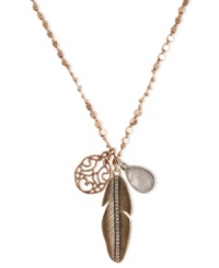 Flight of fancy. This necklace from Lucky Brand is crafted from gold- and silver-tone mixed metal, with semi-precious rock crystal accents for a stylish approach. Item comes packaged in a signature Lucky Brand Box. Approximate length: 30 inches. Approximate drop: 1-7/8 inches. Flight of fancy. This necklace from Lucky Brand is crafted from gold- and silver-tone mixed metal, with semi-precious rock crystal accents for a stylish approach. Item comes packaged in a signature Lucky Brand Box. Approximate length: 30 inches. Approximate drop: 1-7/8 inches.