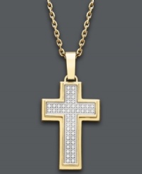 The perfect way to express your faith. This stylish men's cross pendant is decorated by double rows of round-cut diamonds (1/4 ct. t.w.). Setting and chain crafted in gold ion-plated stainless steel. Approximate length: 22 inches. Approximate drop: 1-1/2 inches. The perfect way to express your faith. This stylish men's cross pendant is decorated by double rows of round-cut diamonds (1/4 ct. t.w.). Setting and chain crafted in gold ion-plated stainless steel. Approximate length: 22 inches. Approximate drop: 1-1/2 inches.