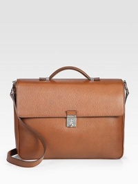 A wrinkled leather style with a secure lock closure.Locked flap closureTop handleDetachable shoulder strapOne open pocket under flapOne inside zip pocketOne inside open pocketCotton lining14½W X 11½H X 2¼DMade in Italy A wrinkled leather style with a secure lock closure.Locked flap closureTop handleDetachable shoulder strapOne open pocket under flapOne inside zip pocketOne inside open pocketCotton lining14½W X 11½H X 2¼DMade in Italy
