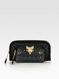 A well-crafted and whimsical design in a luxurious blend of quilted leather and nubuck leather with radiant hardware.Top zip closureOne outside snap flap pocket with decorative zipperOne inside open pocketFully lined11¼W X 5½H X 1½DMade in Italy A well-crafted and whimsical design in a luxurious blend of quilted leather and nubuck leather with radiant hardware.Top zip closureOne outside snap flap pocket with decorative zipperOne inside open pocketFully lined11¼W X 5½H X 1½DMade in Italy