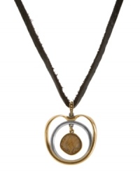 All it takes is two. Lucky Brand's double-circle pendant necklace features a dangling pendant at the middle with a semi-precious tiger's eye stone. Hanging from a leather strap. Crafted in gold and silver tone mixed metal. Approximate length: 38 inches. Approximate drop: 1-3/4 inches. All it takes is two. Lucky Brand's double-circle pendant necklace features a dangling pendant at the middle with a semi-precious tiger's eye stone. Hanging from a leather strap. Crafted in gold and silver tone mixed metal. Approximate length: 38 inches. Approximate drop: 1-3/4 inches.