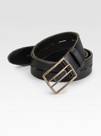 Superior craftsmanship and style unite in rich leather with a distressed logo buckle. Logo detail on buckle About 1½ wide Leather Made in Italy Superior craftsmanship and style unite in rich leather with a distressed logo buckle. Logo detail on buckle About 1½ wide Leather Made in Italy