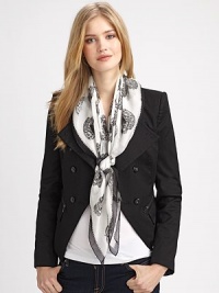 This high-contrast design features tiger-printed skulls with a solid color border. SilkAbout 39¼ X 39¼Dry cleanMade in Italy This high-contrast design features tiger-printed skulls with a solid color border. SilkAbout 39¼ X 39¼Dry cleanMade in Italy