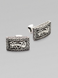 The classic struggle between love and hate, depicted in handsomely engraved sterling silver. T back 1 square Imported