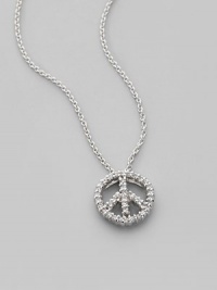 From the Tiny Treasures Collection. Peace now and forever, depicted in the eternal beauty of sparkling pavé diamonds set in 18k white gold.Diamond, 0.18 tcw 18k white gold Chain length, about 16 Pendant diameter, about ¼ Lobster clasp Made in Italy From the Tiny Treasures Collection. Peace now and forever, depicted in the eternal beauty of sparkling pavé diamonds set in 18k white gold.Diamond, 0.18 tcw 18k white gold Chain length, about 16 Pendant diameter, about ¼ Lobster clasp Made in Italy